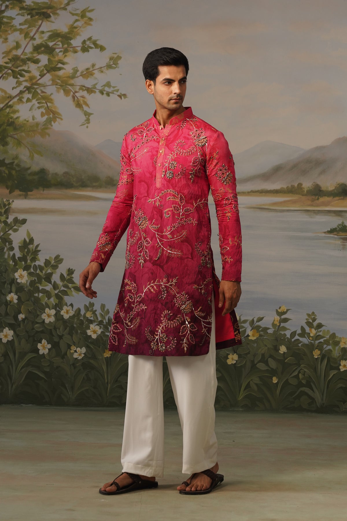 Rani Fuchsia Dhagai Metal Work Kurta Set