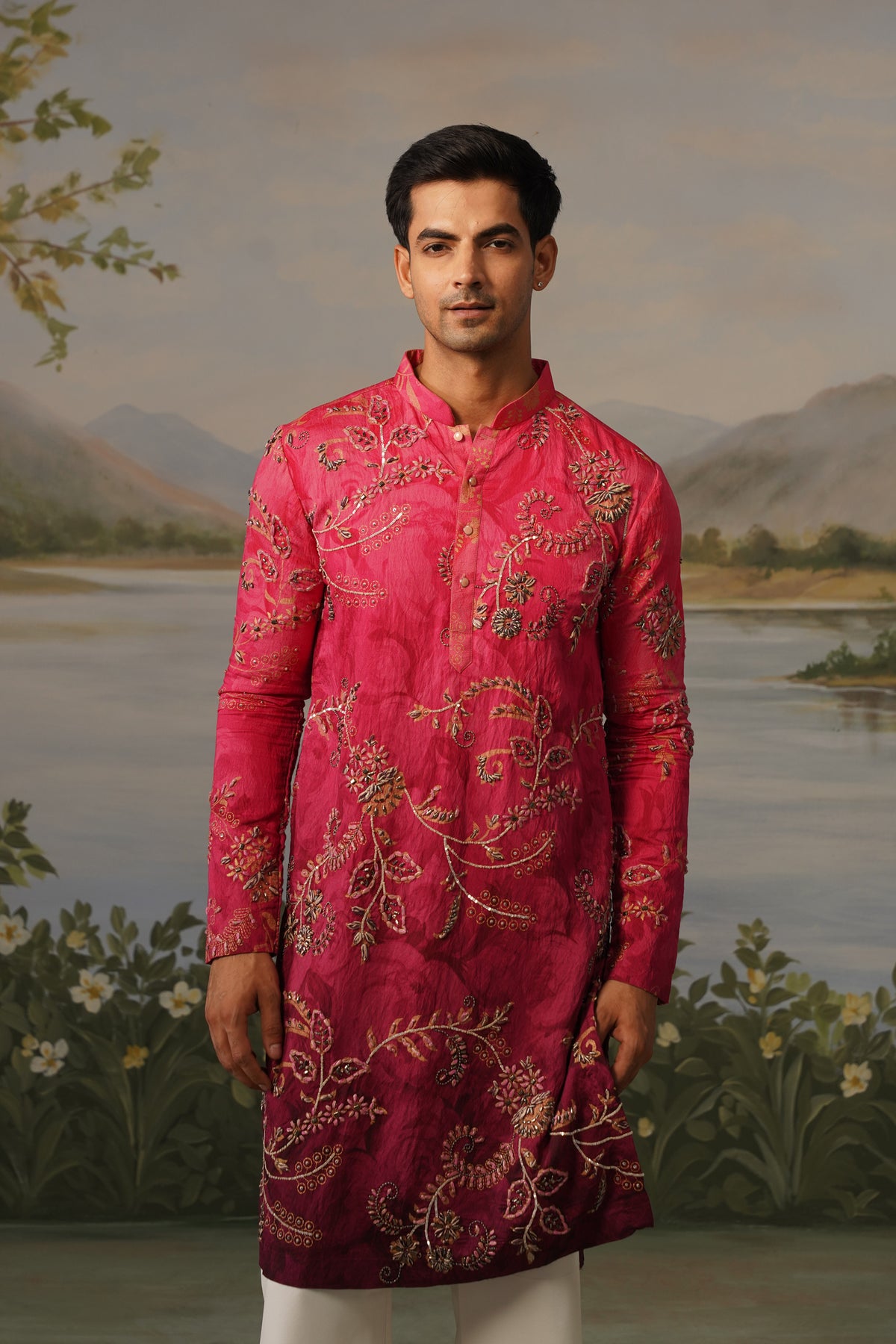 Rani Fuchsia Dhagai Metal Work Kurta Set