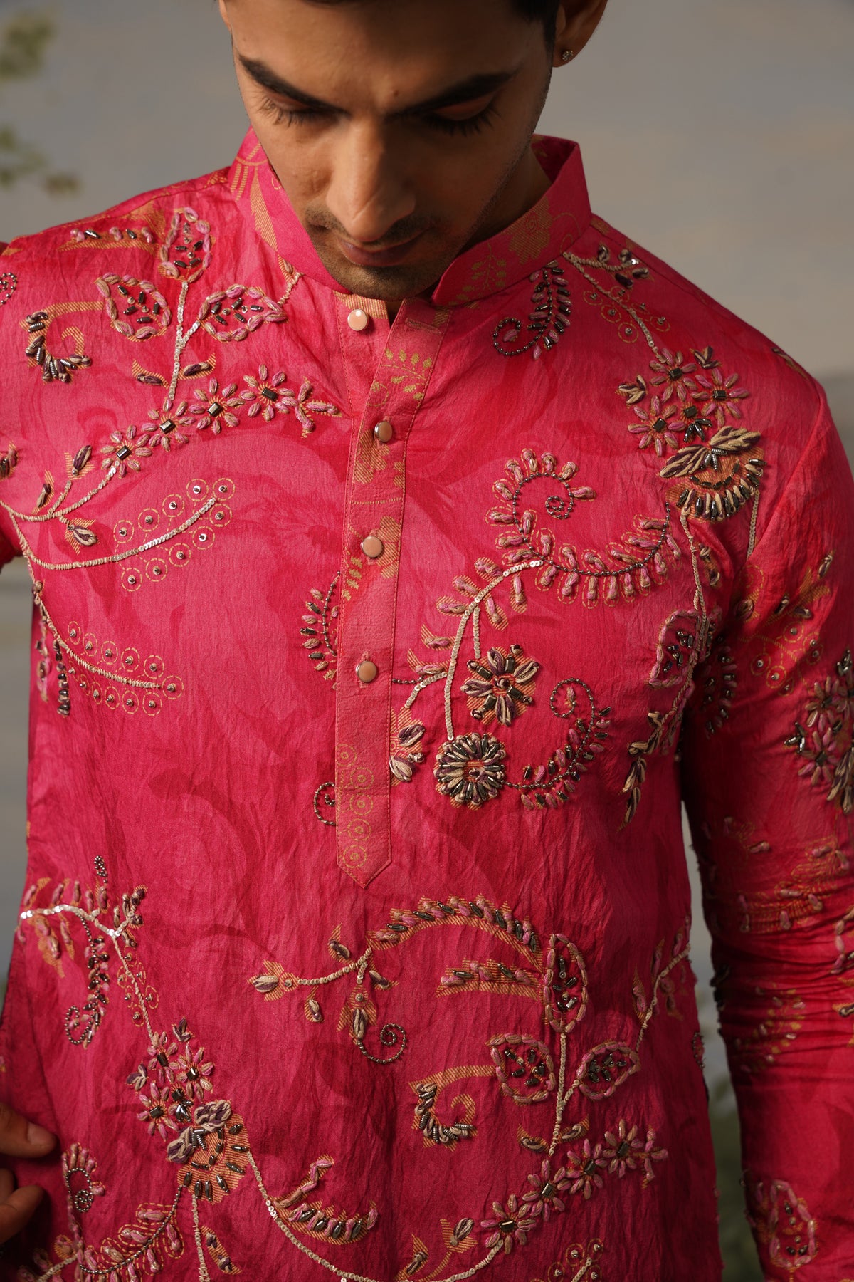 Rani Fuchsia Dhagai Metal Work Kurta Set