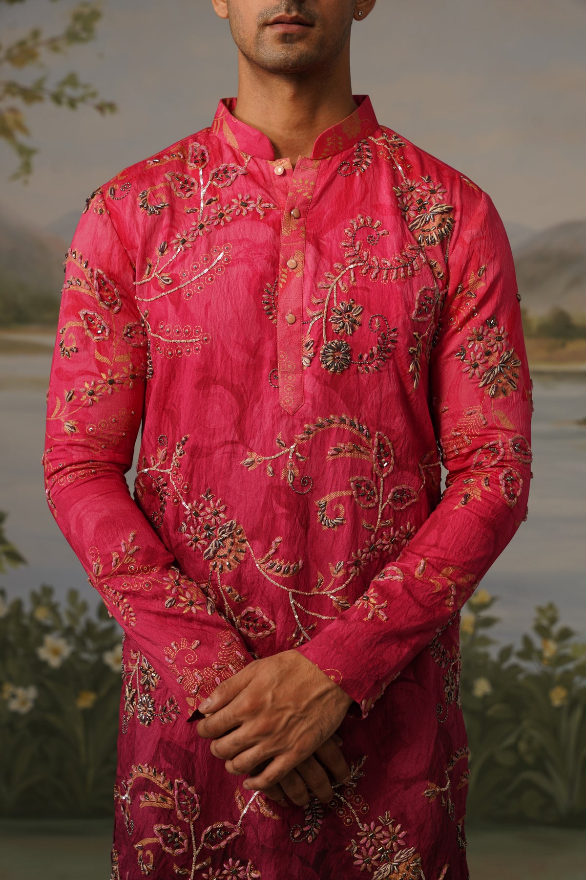 Rani Fuchsia Dhagai Metal Work Kurta Set