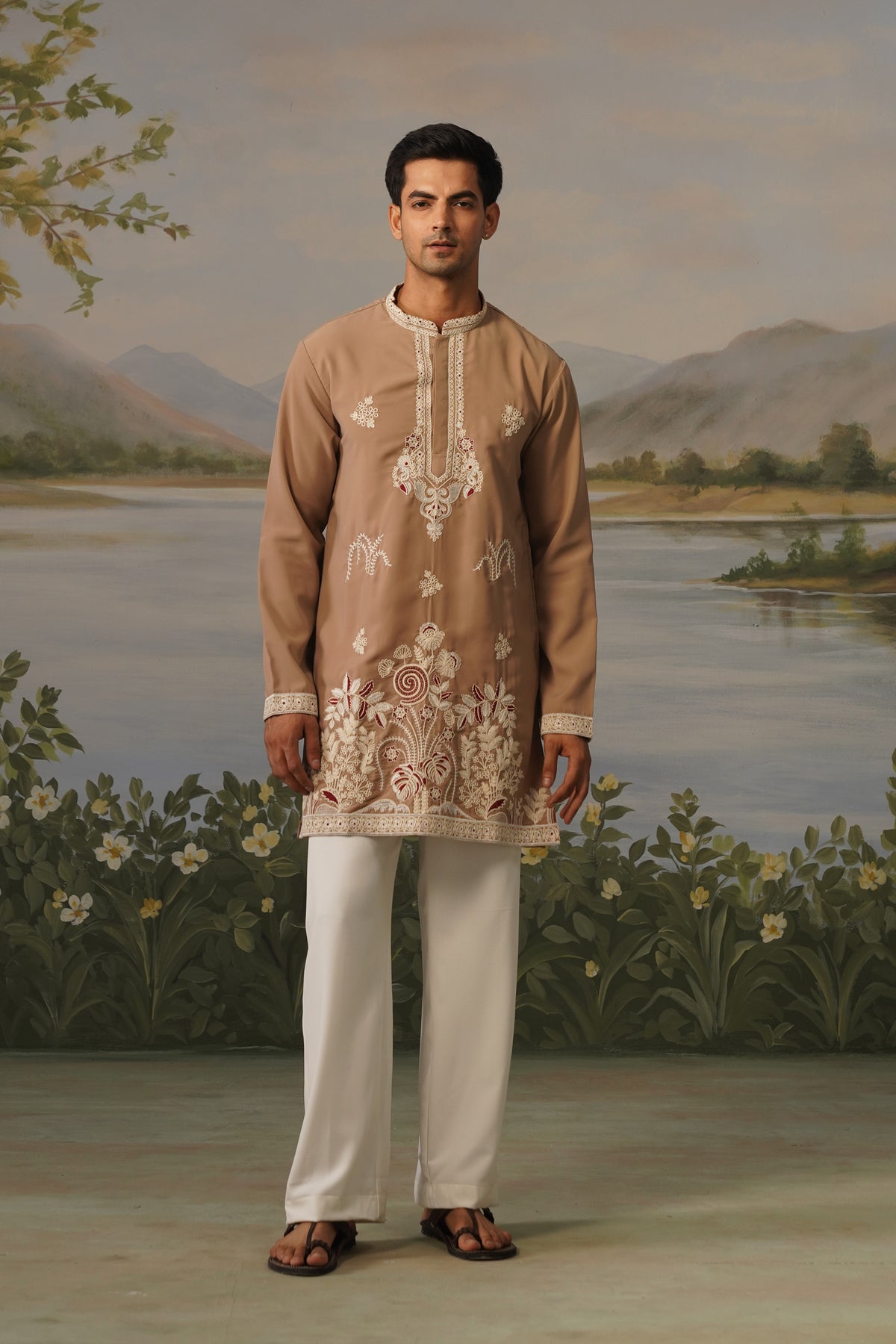 Roshan Beige Coding Embroidered Kurta Set
