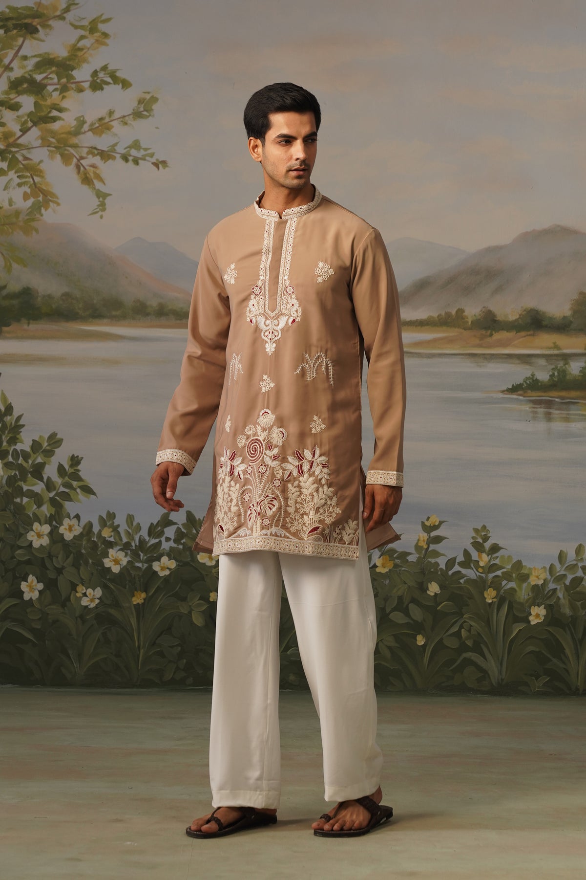 Roshan Beige Coding Embroidered Kurta Set