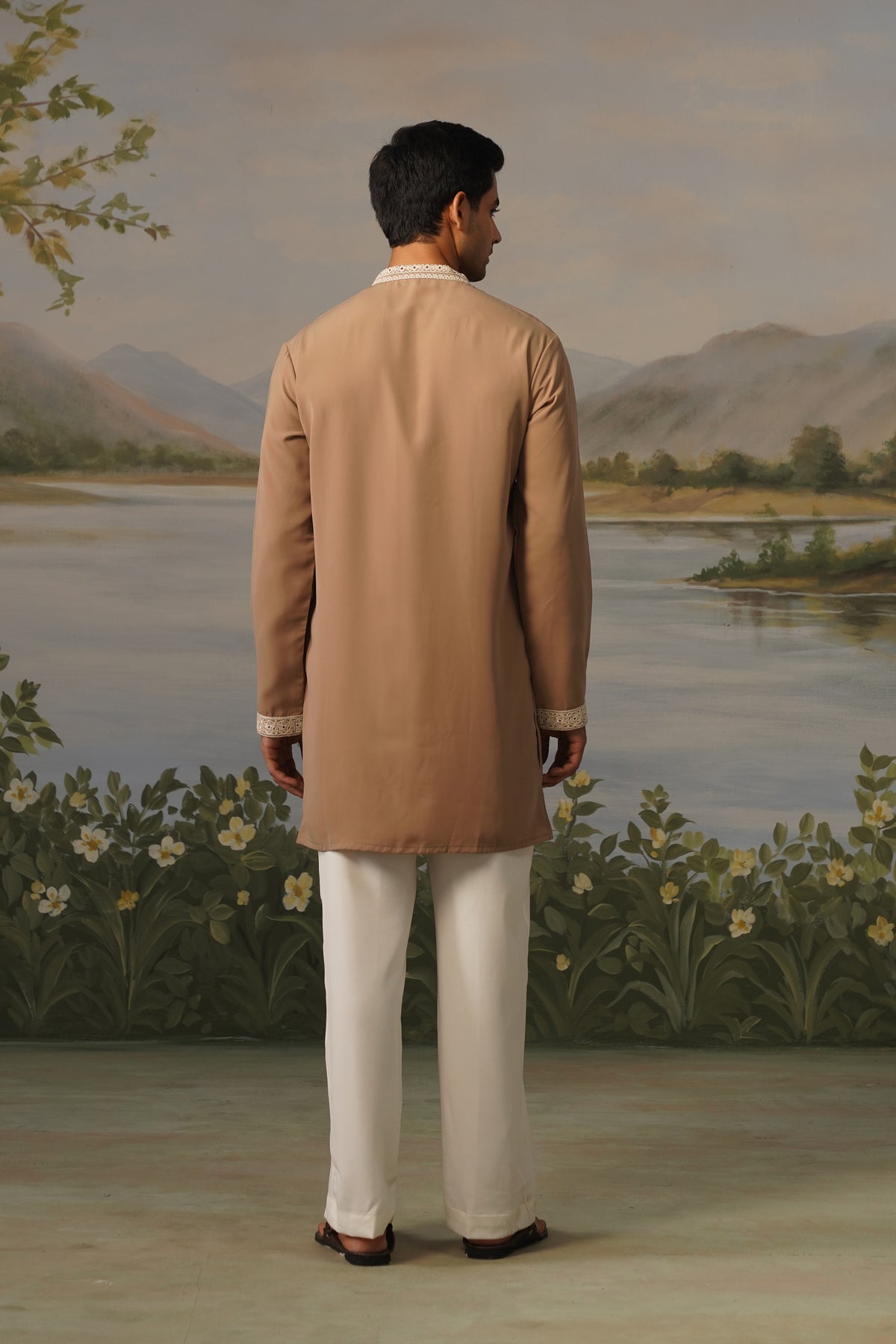 Roshan Beige Coding Embroidered Kurta Set