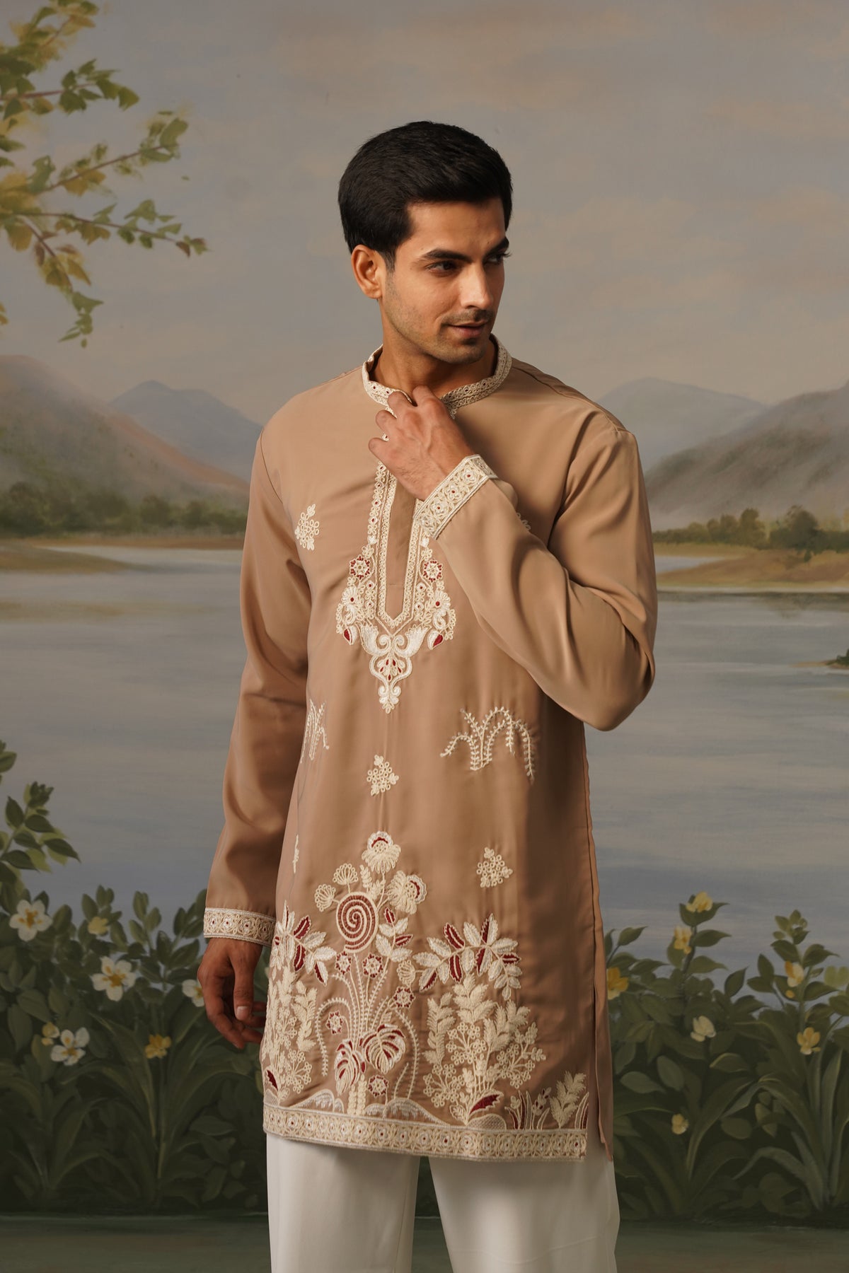 Roshan Beige Coding Embroidered Kurta Set