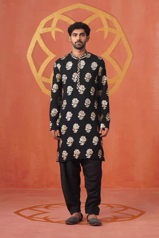 Golden Floral Sequin Embroidery Kurta Patiyala Set