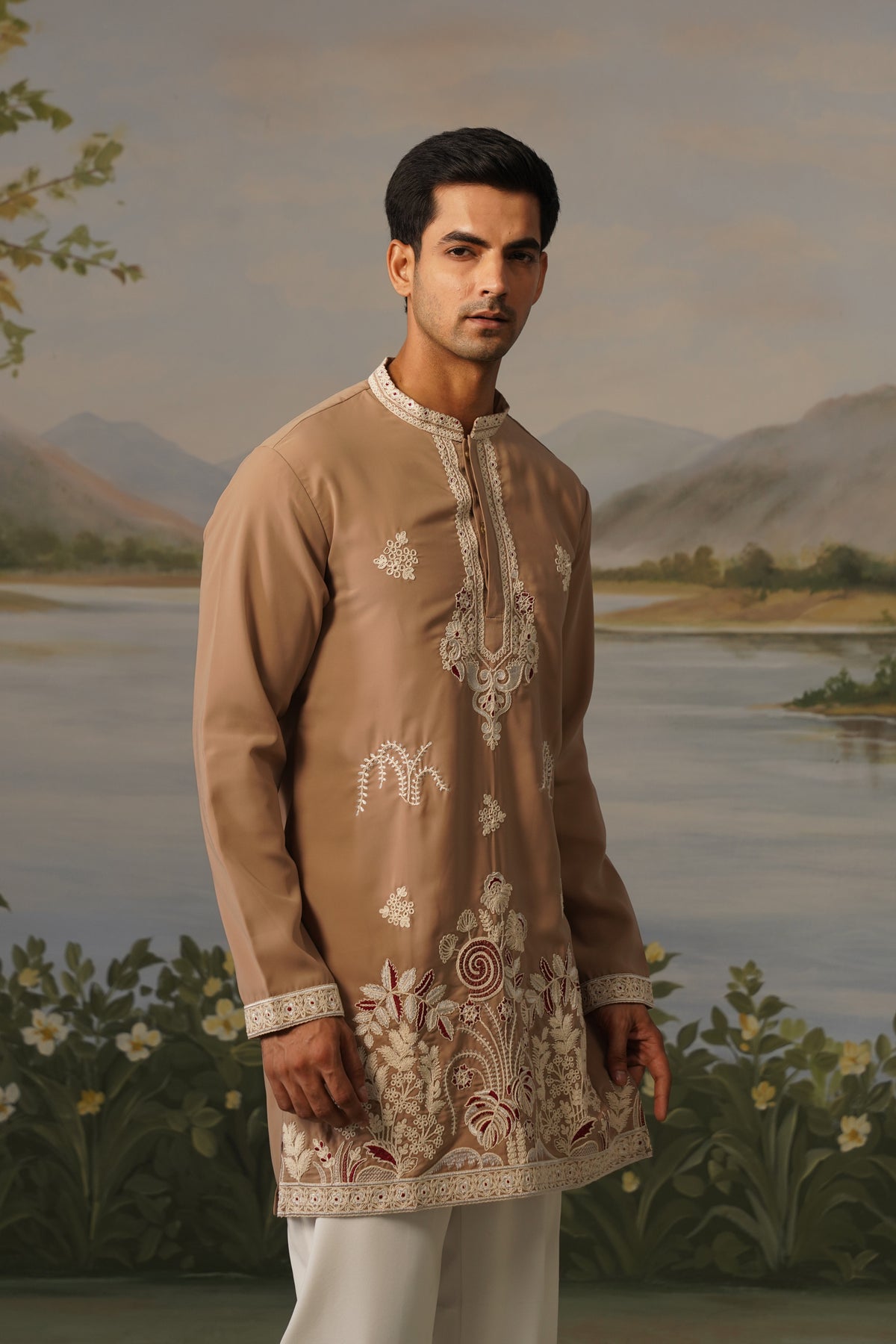 Roshan Beige Coding Embroidered Kurta Set