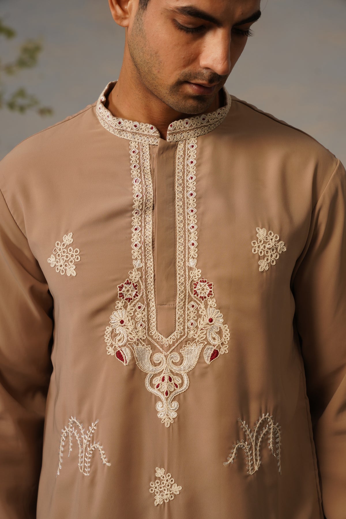 Roshan Beige Coding Embroidered Kurta Set