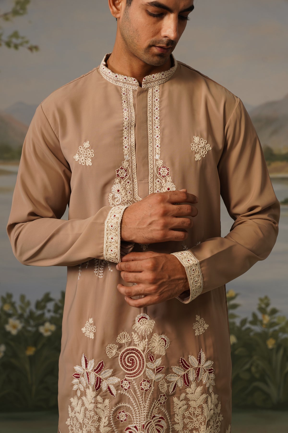 Roshan Beige Coding Embroidered Kurta Set