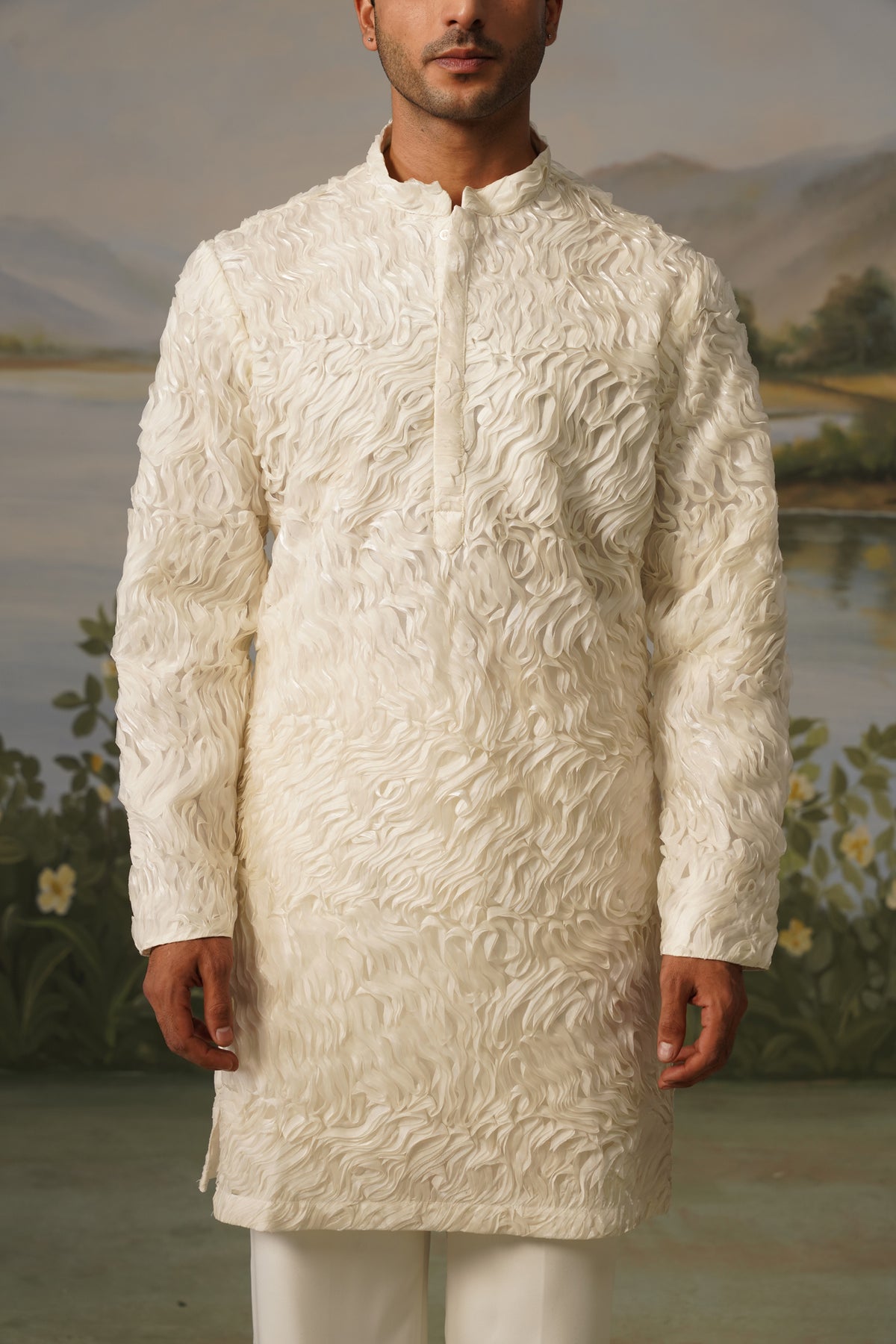 Parcham Ivory Ribbon Stitch Embroidered Kurta Set
