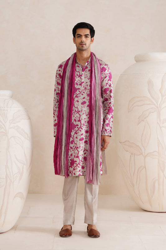 Grey Jaipuri Tussar Silk Print Kurta Set With Crush Ombre Dupatta