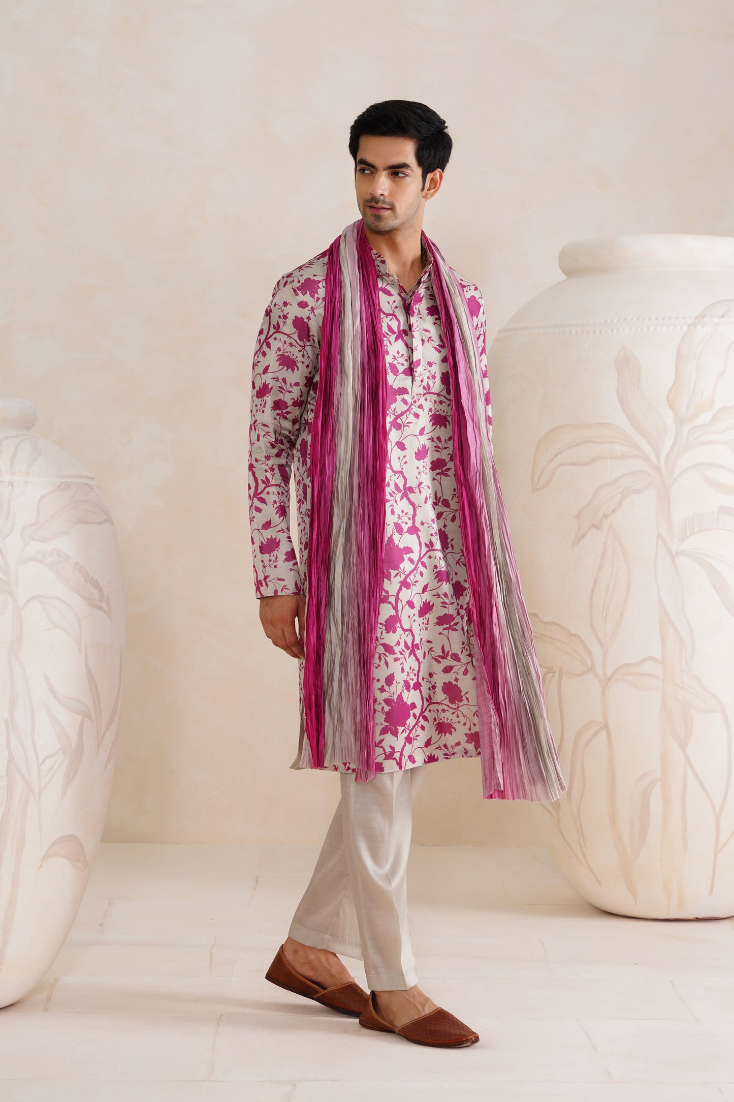 Grey Jaipuri Tussar Silk Print Kurta Set With Crush Ombre Dupatta