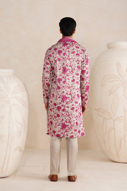 Grey Jaipuri Tussar Silk Print Kurta Set With Crush Ombre Dupatta