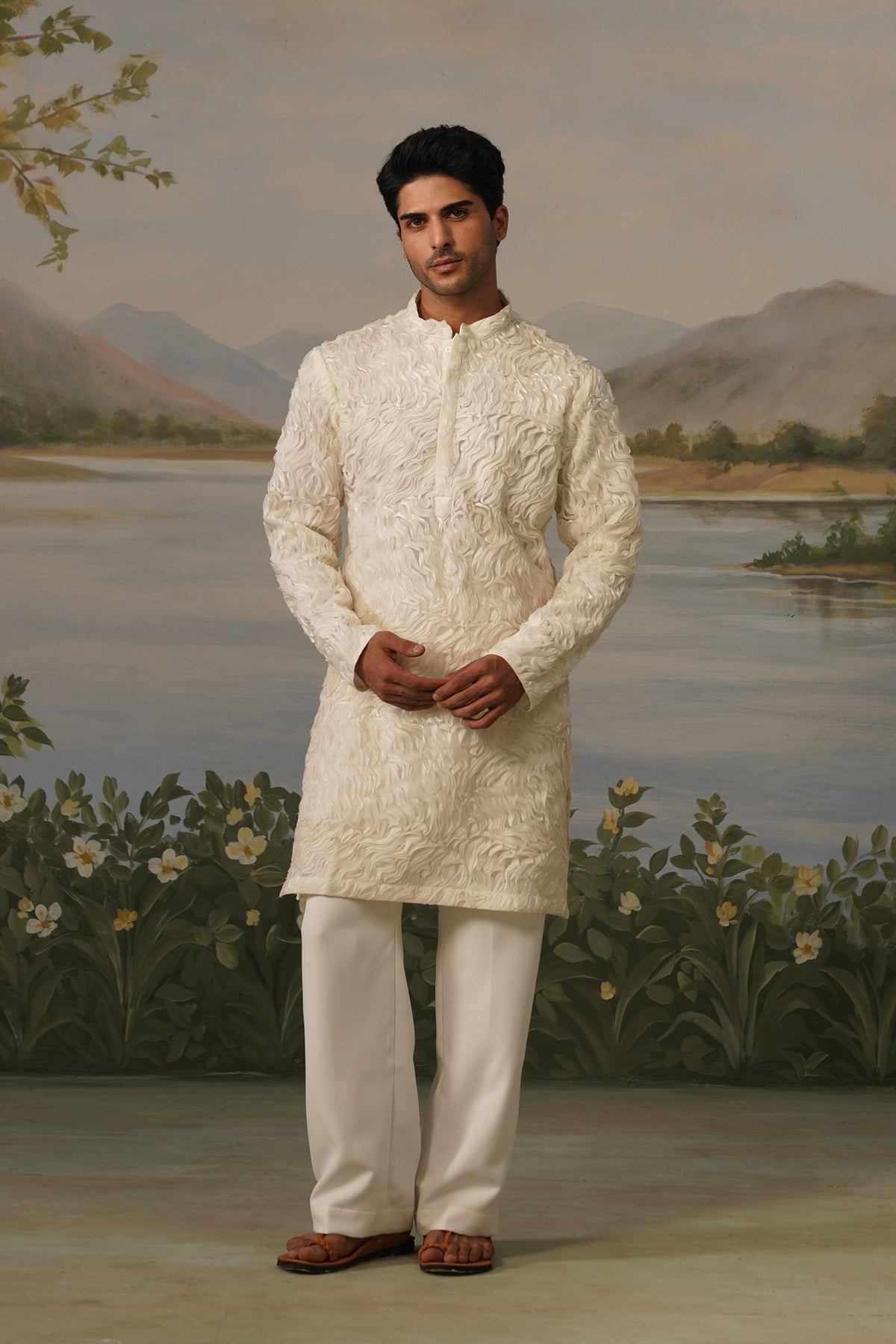 Parcham Ivory Ribbon Stitch Embroidered Kurta Set