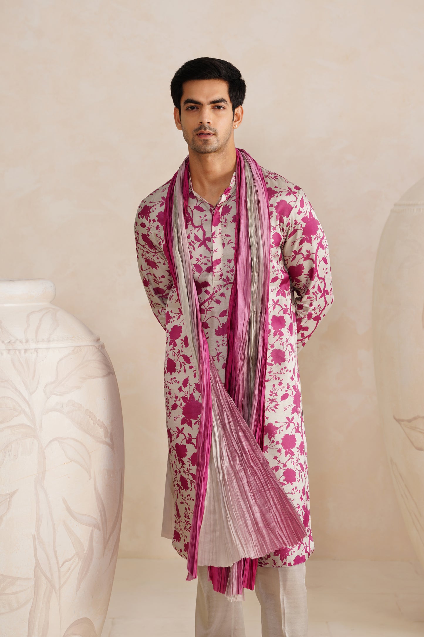 Grey Jaipuri Tussar Silk Print Kurta Set With Crush Ombre Dupatta