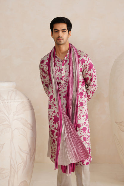 Grey Jaipuri Tussar Silk Print Kurta Set With Crush Ombre Dupatta
