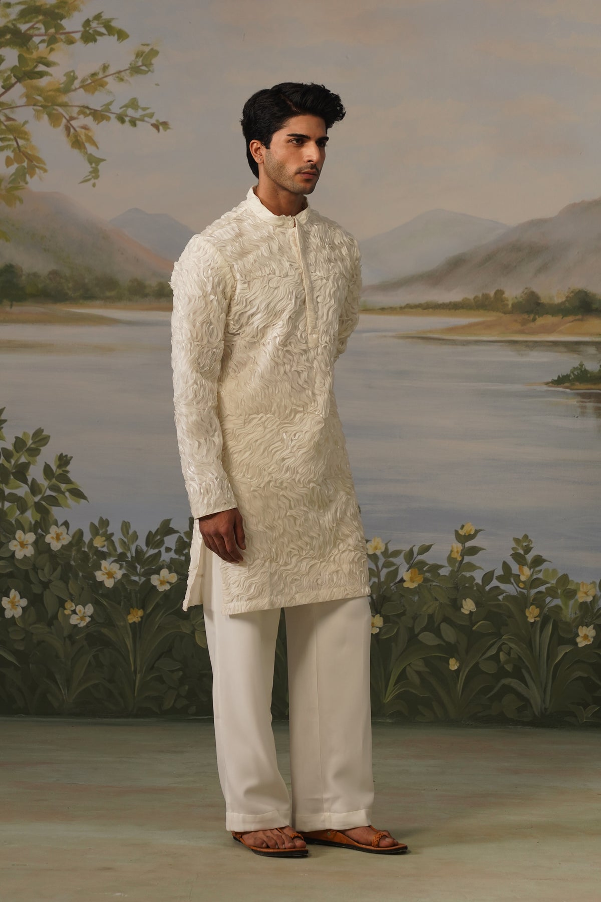Parcham Ivory Ribbon Stitch Embroidered Kurta Set