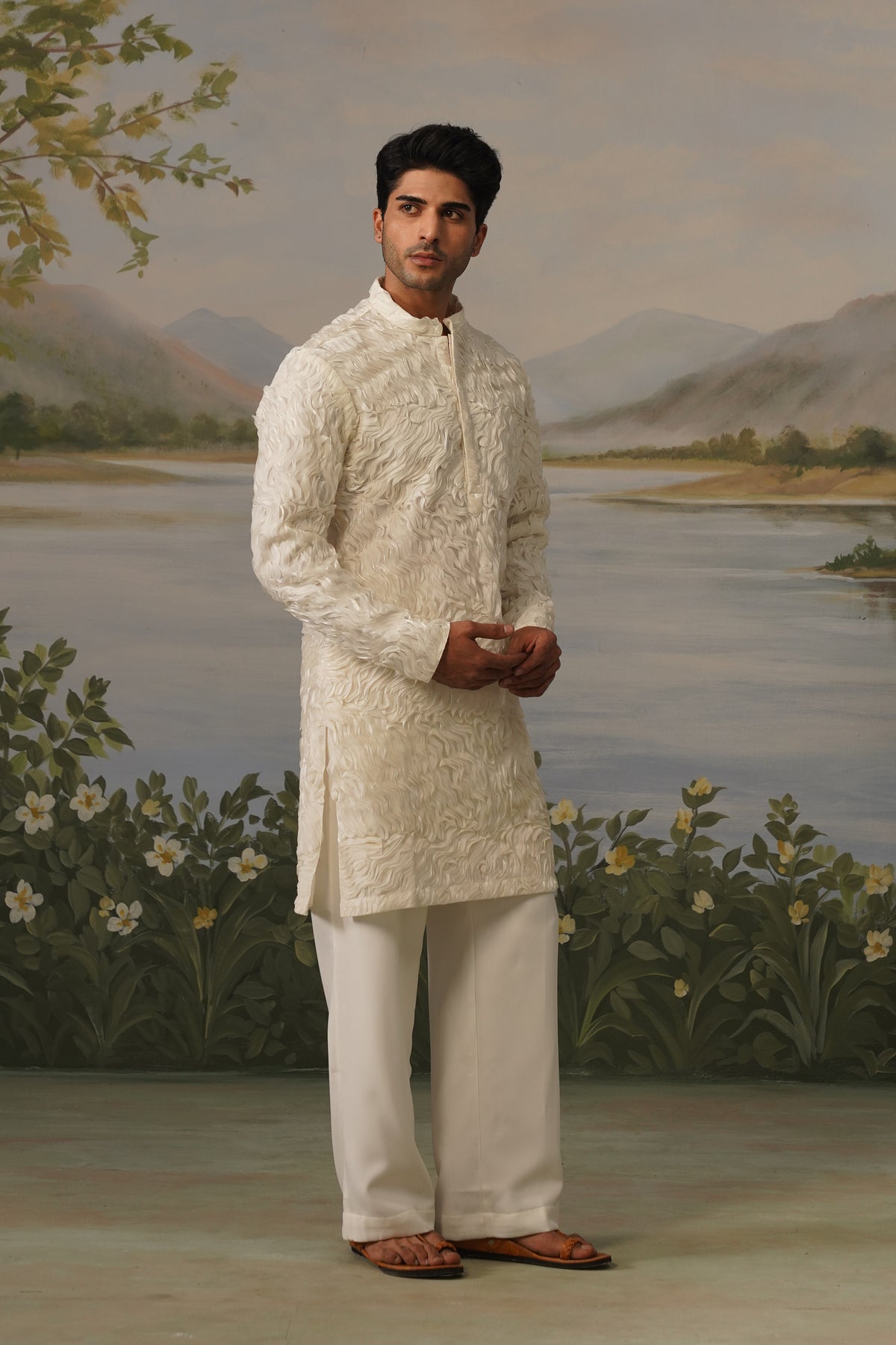 Parcham Ivory Ribbon Stitch Embroidered Kurta Set