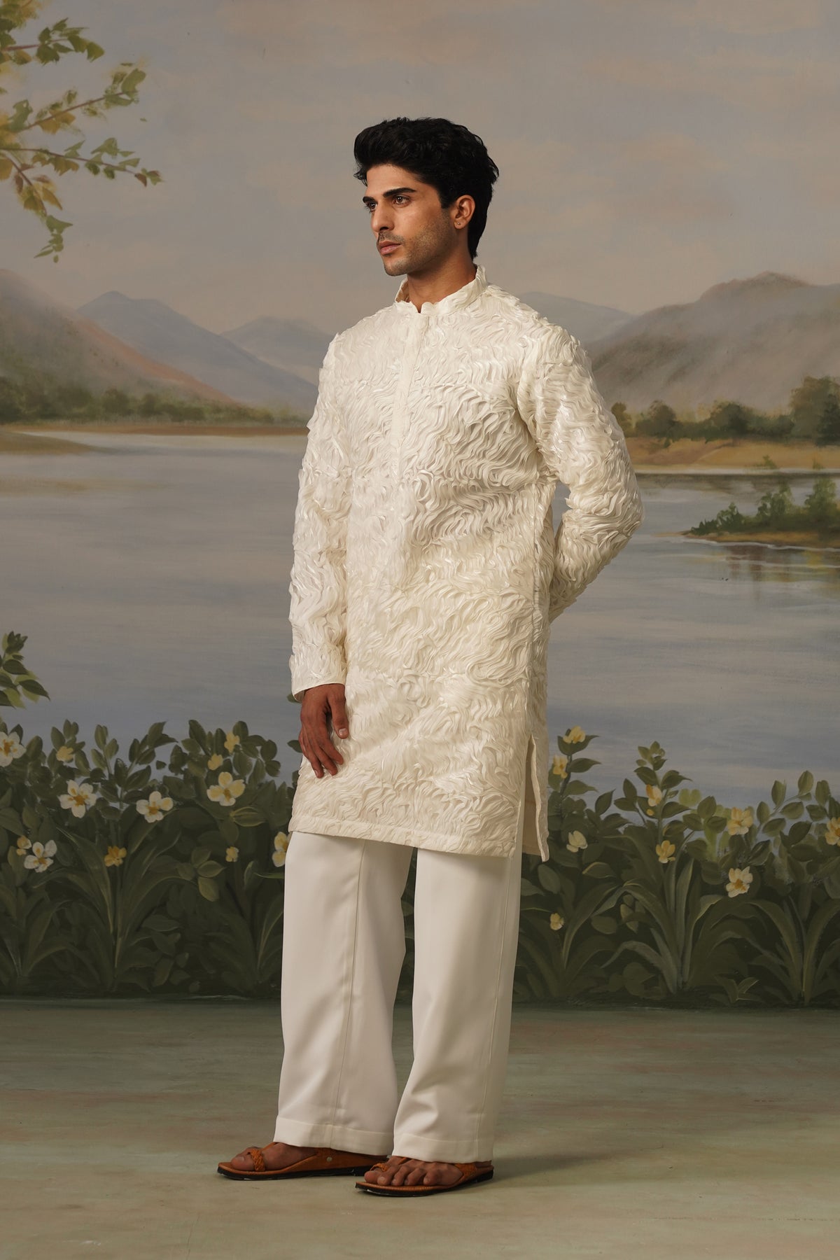 Parcham Ivory Ribbon Stitch Embroidered Kurta Set