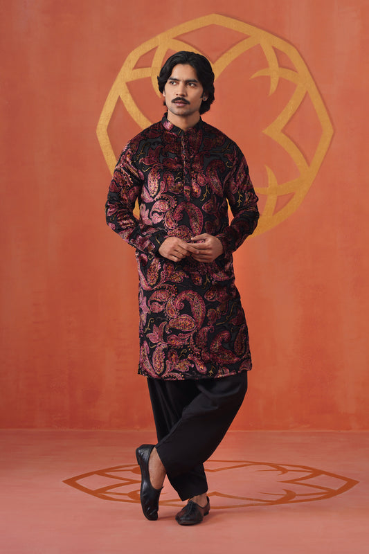 Black Velvet Paisley Brasso Kurta Patiyala Set