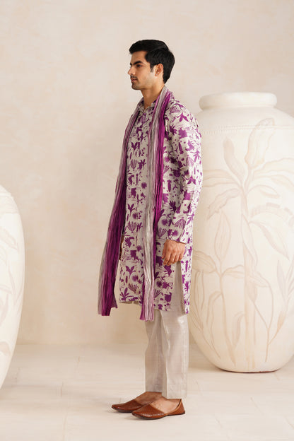 Ice Grey Jaipuri Tussar Silk Print Kurta Set With Crush Ombre Dupatta