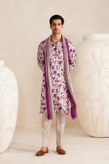 Ice Grey Jaipuri Tussar Silk Print Kurta Set With Crush Ombre Dupatta