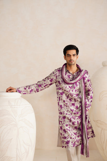 Ice Grey Jaipuri Tussar Silk Print Kurta Set With Crush Ombre Dupatta