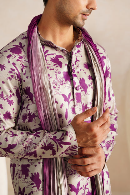 Ice Grey Jaipuri Tussar Silk Print Kurta Set With Crush Ombre Dupatta