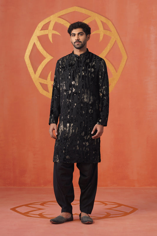Black Velvet Golden Brasso Kurta Patiyala Set