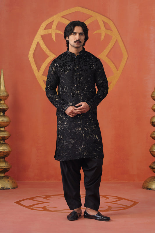 Black Velvet Brush Brasso Kurta Patiyala Set