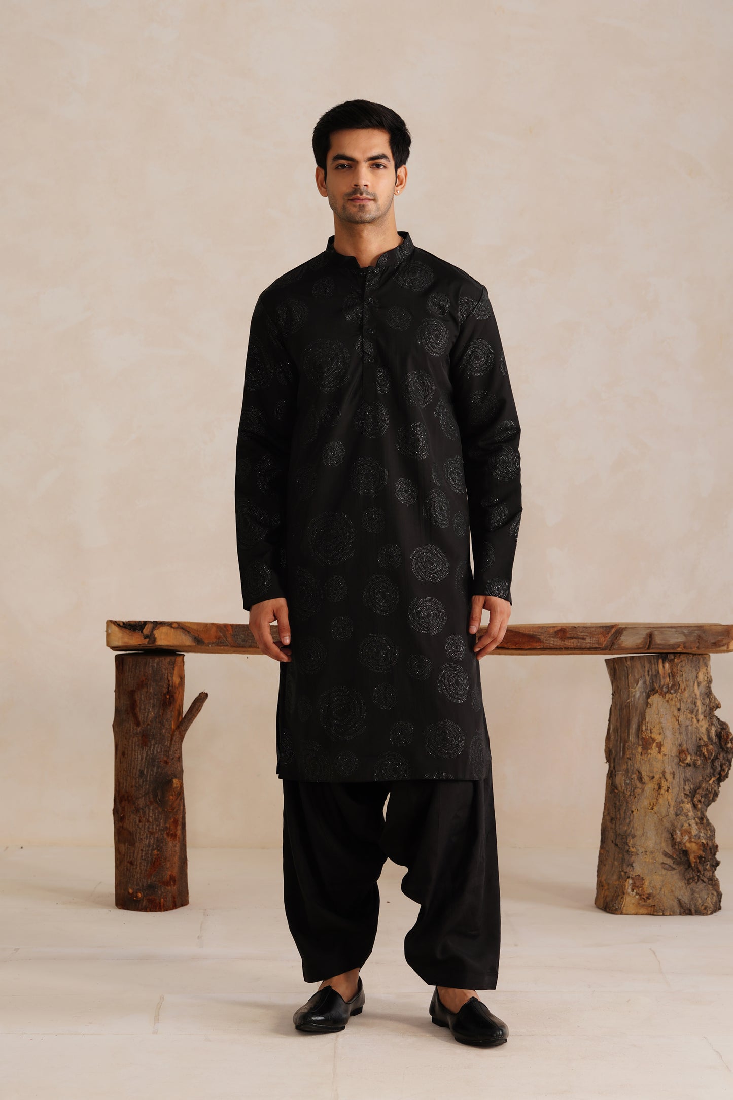 Black Foil Work Kurta Patiyala Set