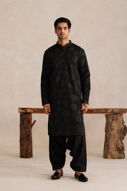 Black Foil Work Kurta Patiyala Set