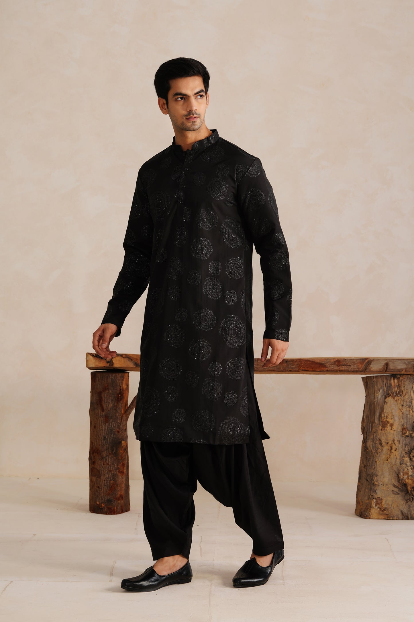 Black Foil Work Kurta Patiyala Set