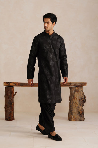 Black Foil Work Kurta Patiyala Set