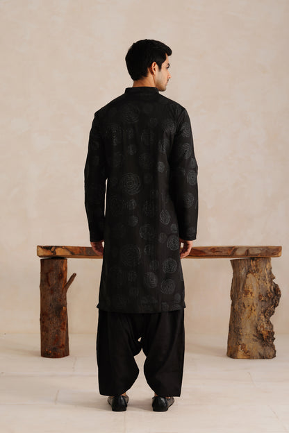 Black Foil Work Kurta Patiyala Set