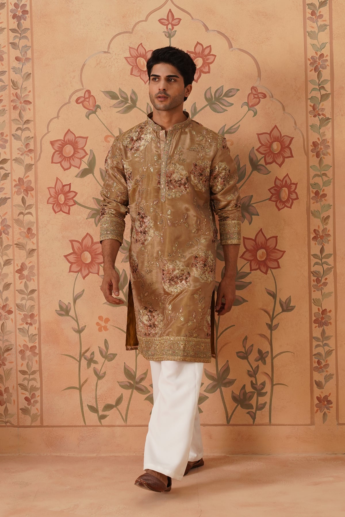 Tabeer Gold Floral Embroidered Print Kurta Set