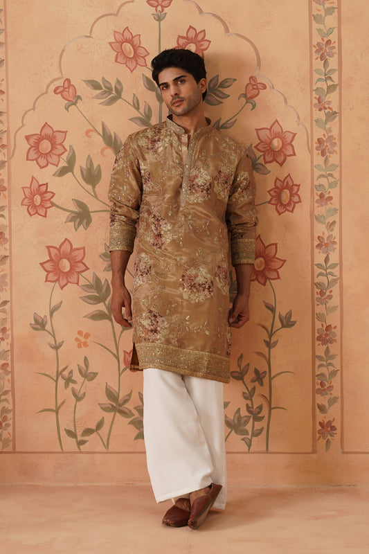 Tabeer Gold Floral Embroidered Print Kurta Set