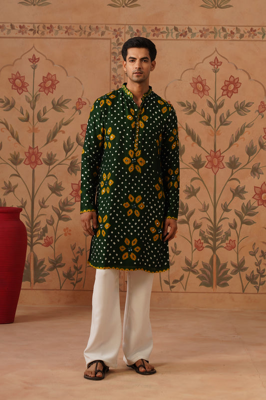 Chunar Green Bandhani Mirror Work Kurta Set