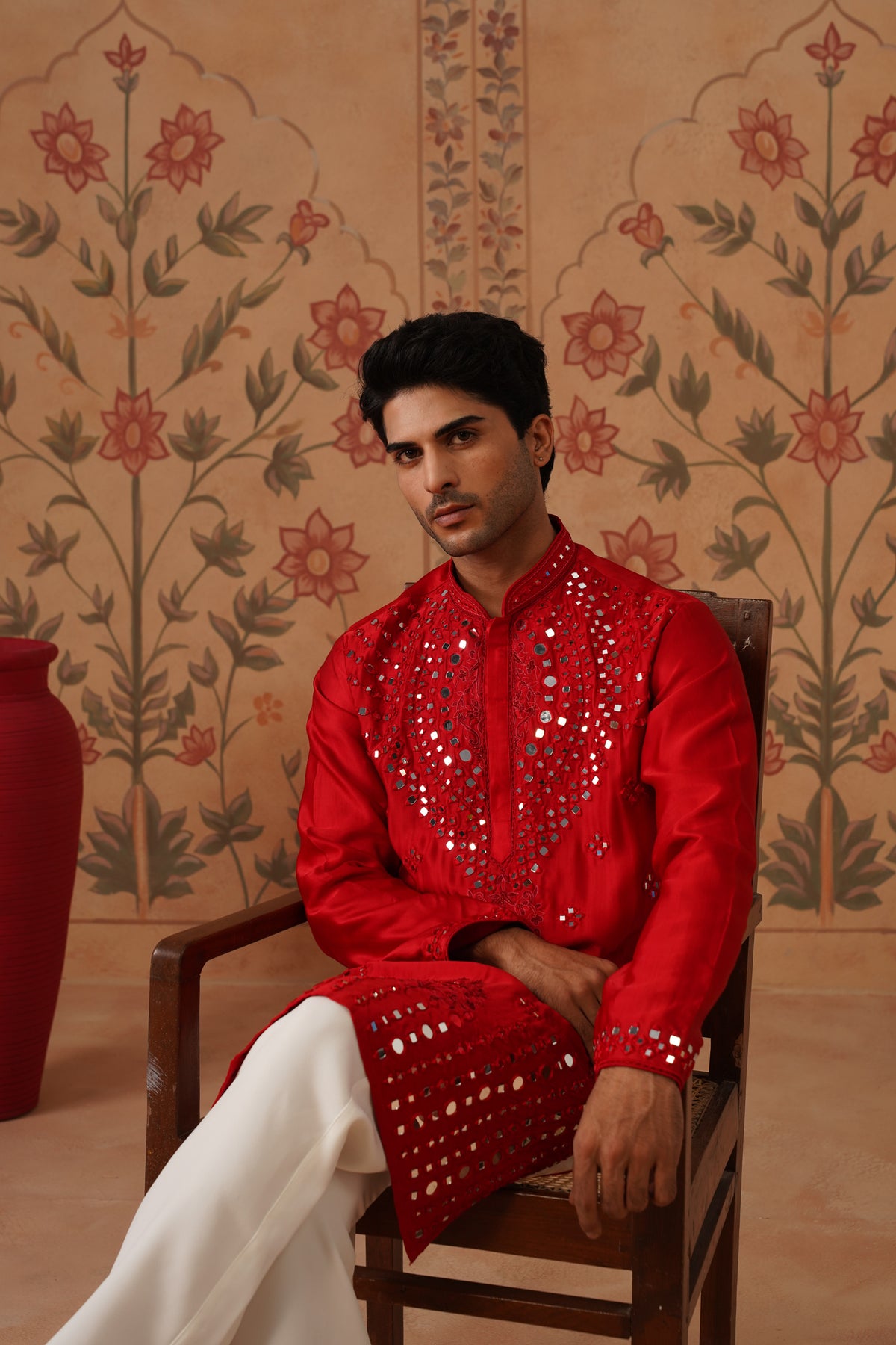 Aatish Red Mirror Work Hand Embroidered Kurta Set