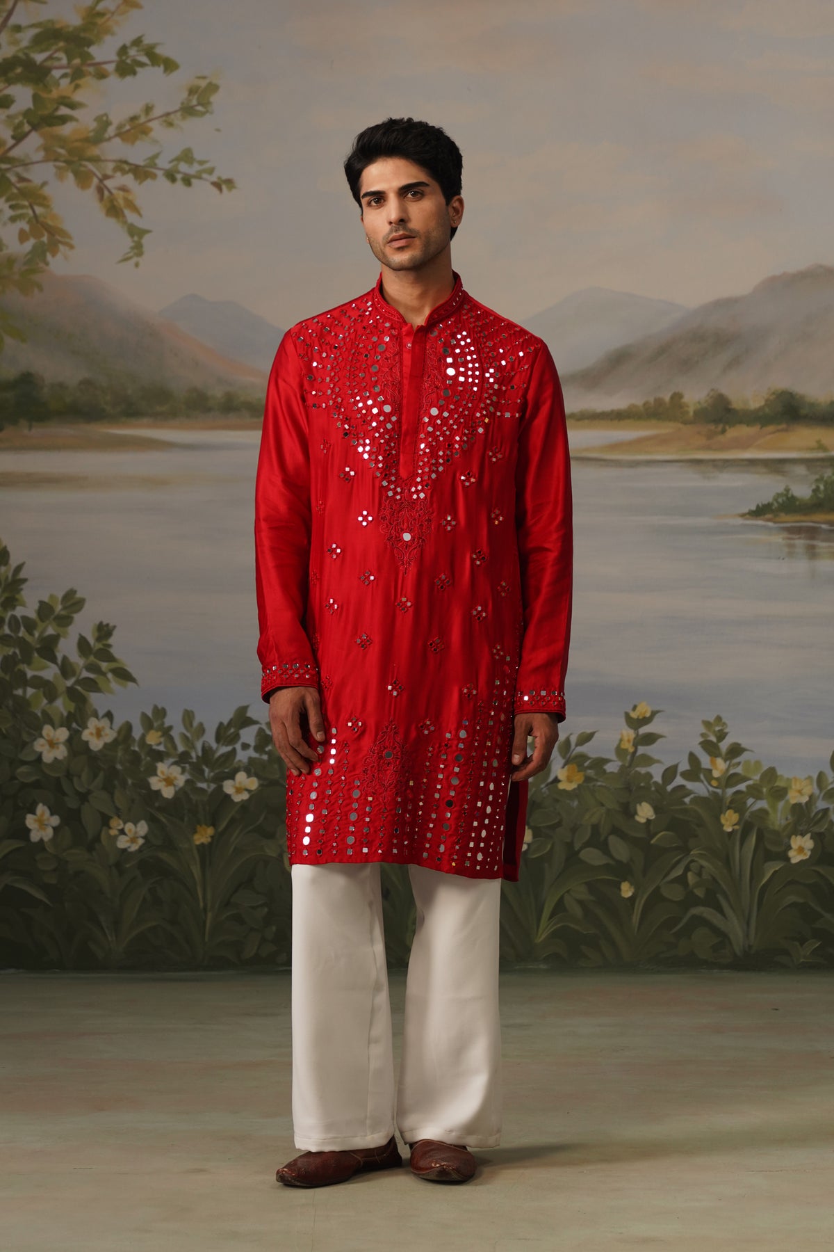 Aatish Red Mirror Work Hand Embroidered Kurta Set