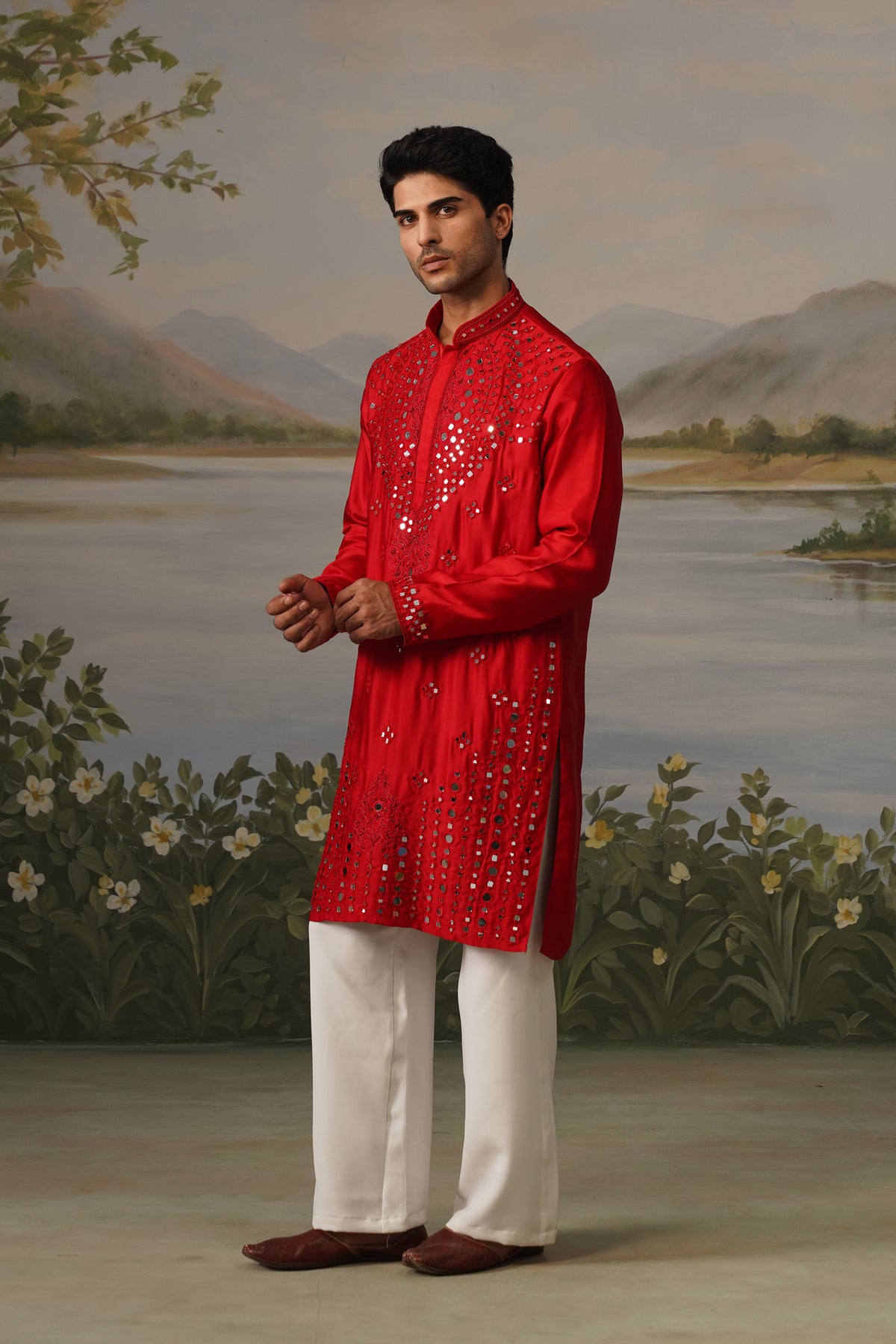 Aatish Red Mirror Work Hand Embroidered Kurta Set