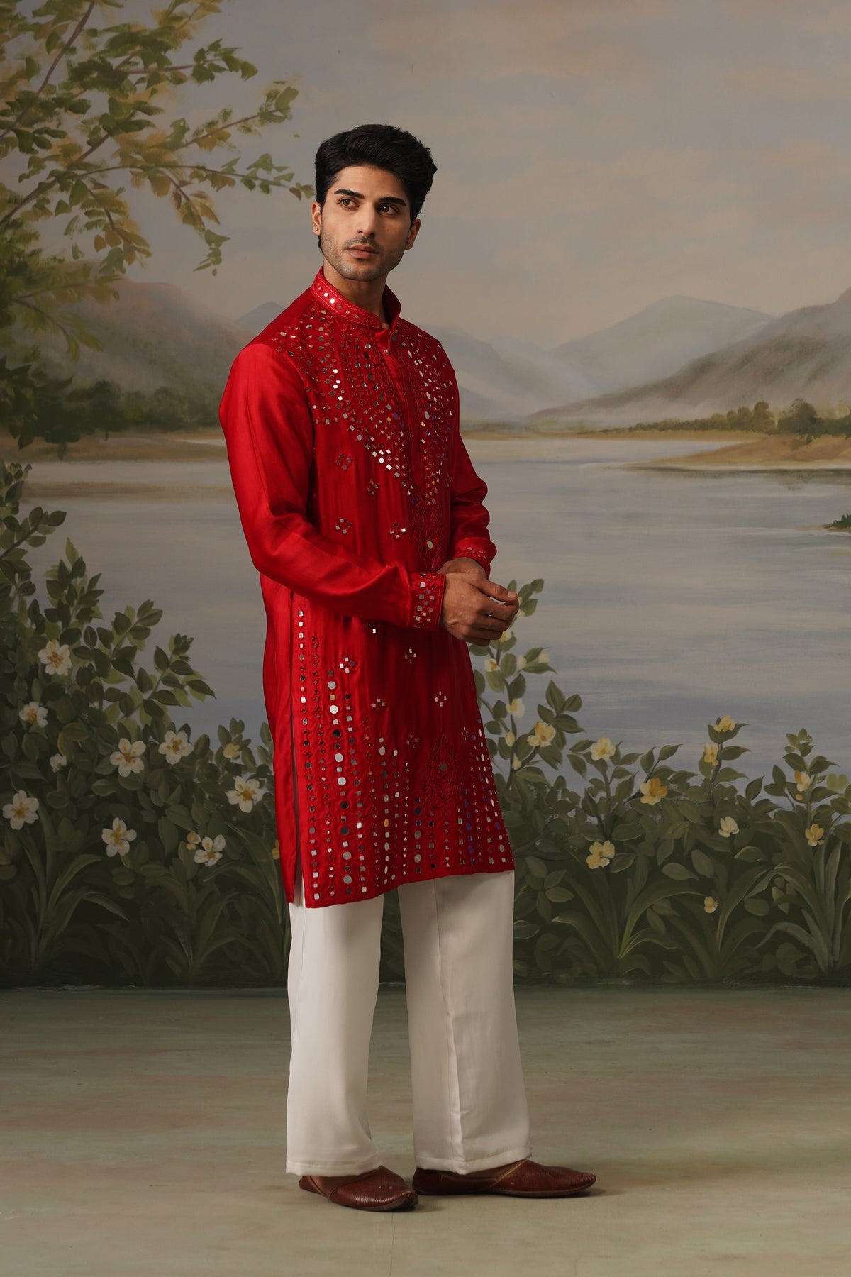 Aatish Red Mirror Work Hand Embroidered Kurta Set