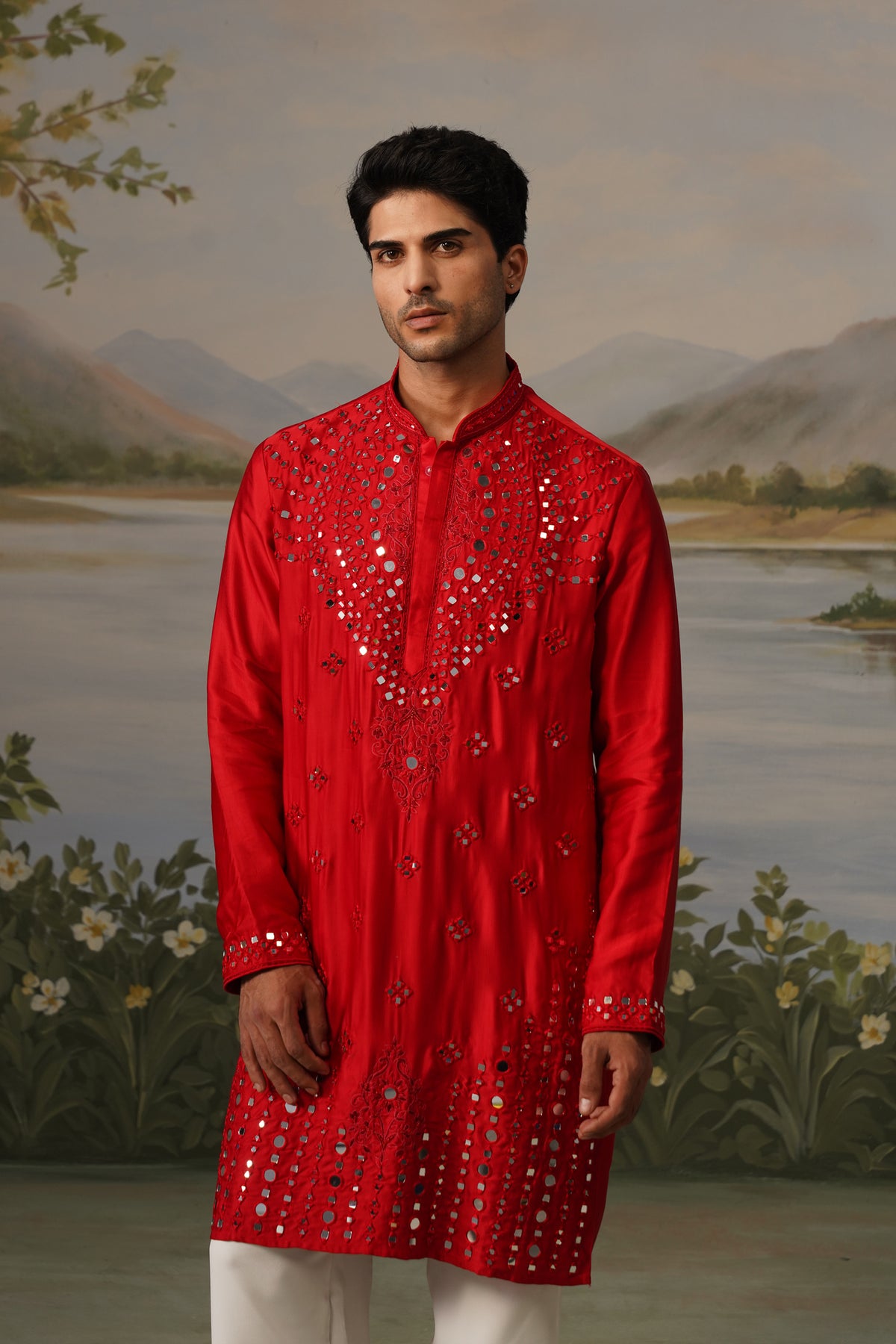 Aatish Red Mirror Work Hand Embroidered Kurta Set