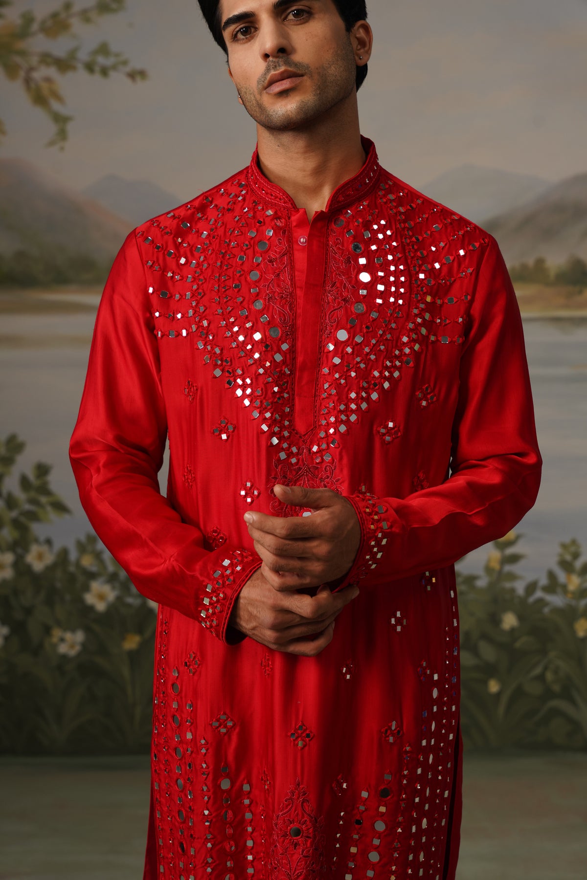 Aatish Red Mirror Work Hand Embroidered Kurta Set