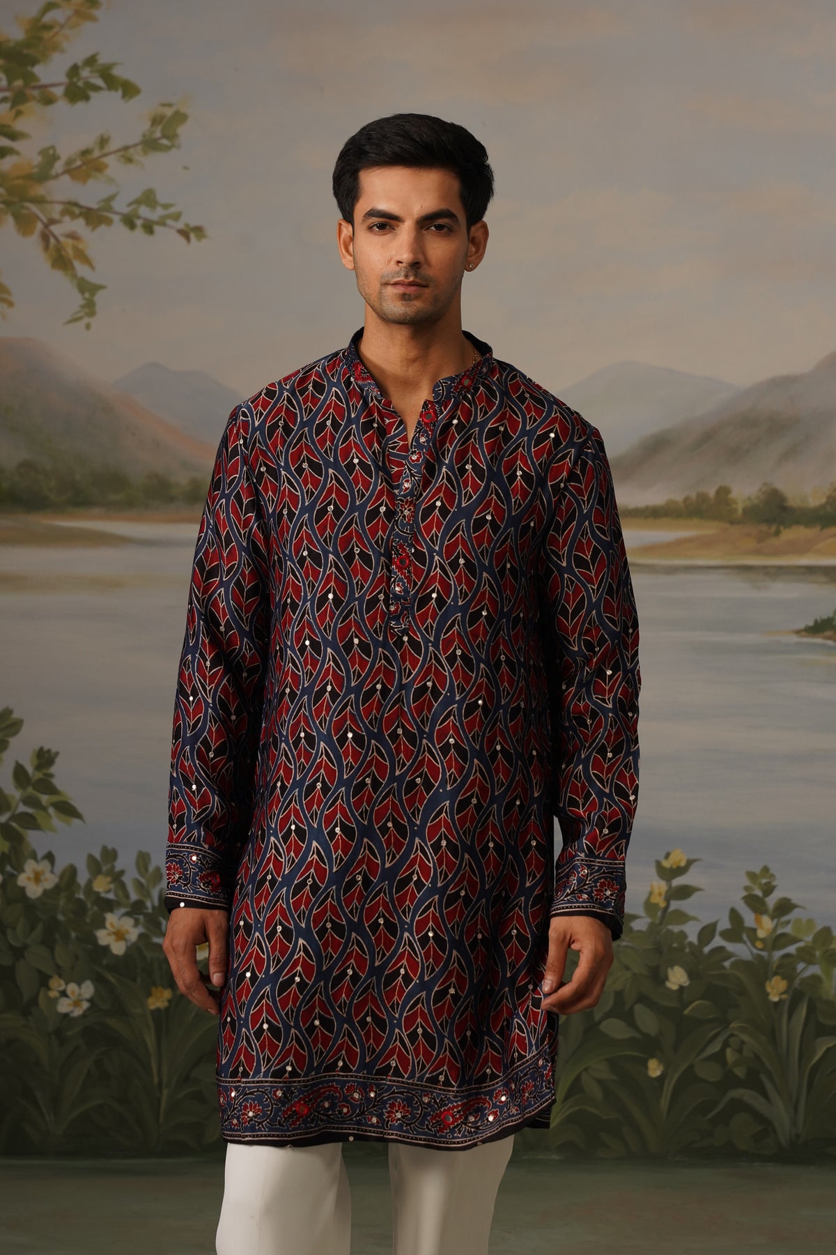Riwaz Navy Ajrakh Print Handwork Kurta Set