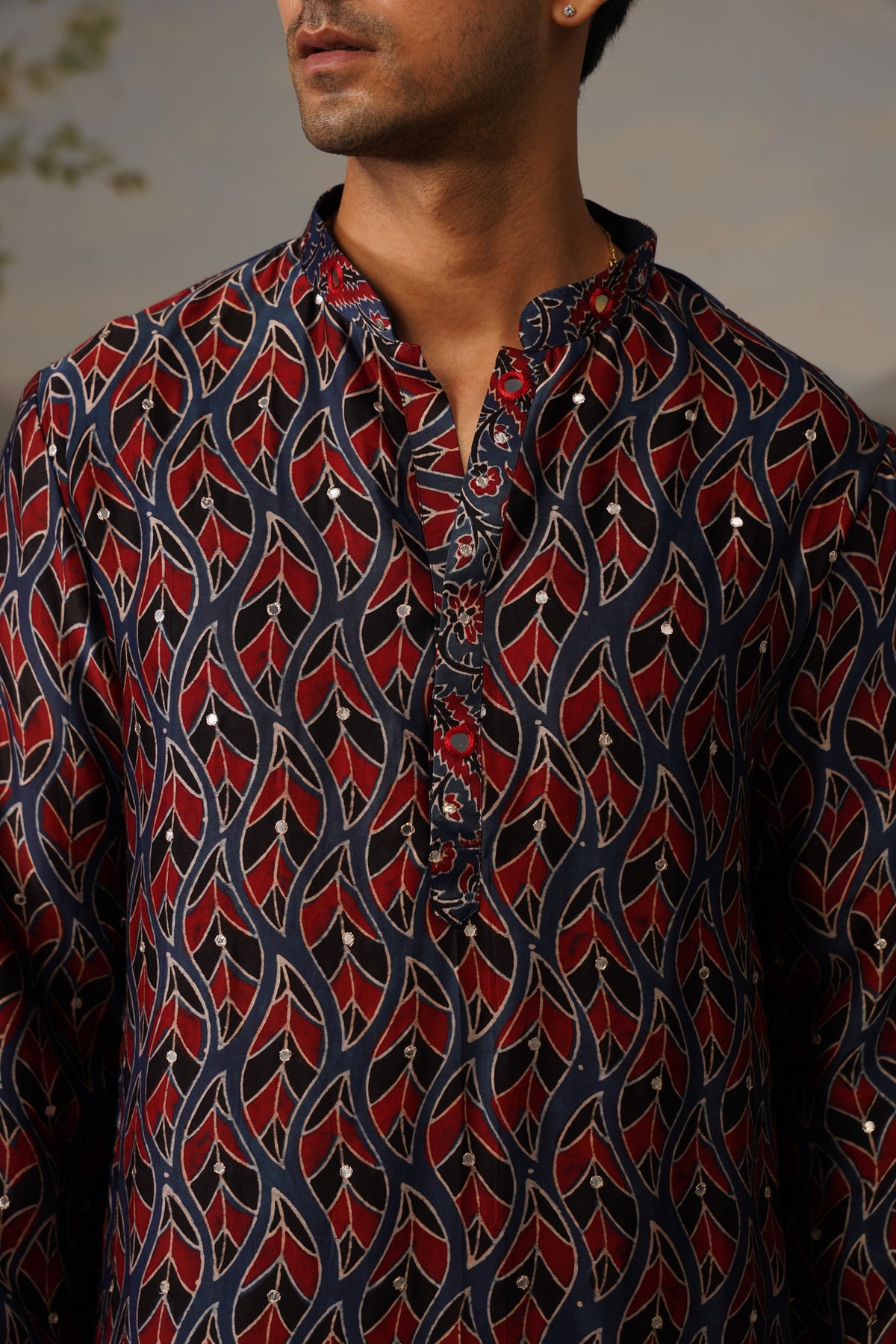 Riwaz Navy Ajrakh Print Handwork Kurta Set