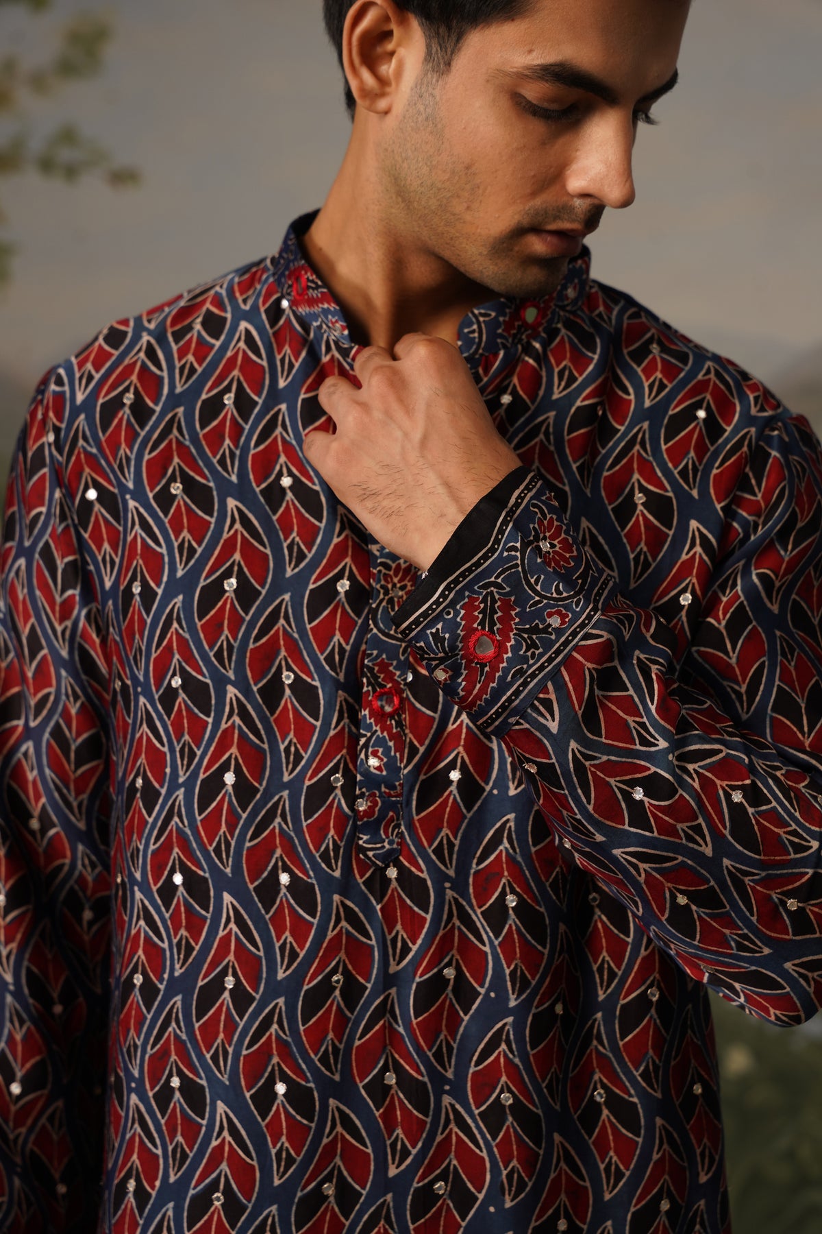 Riwaz Navy Ajrakh Print Handwork Kurta Set