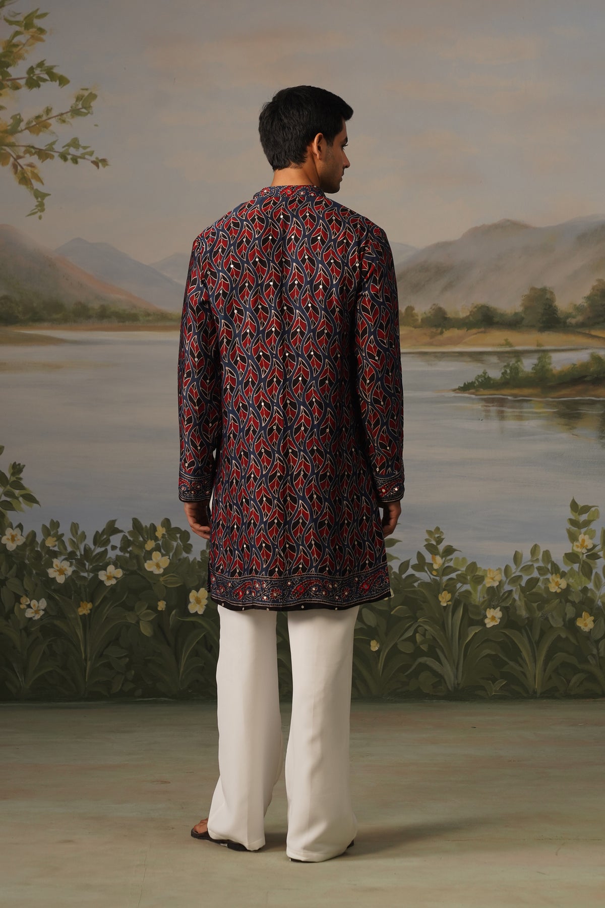 Riwaz Navy Ajrakh Print Handwork Kurta Set