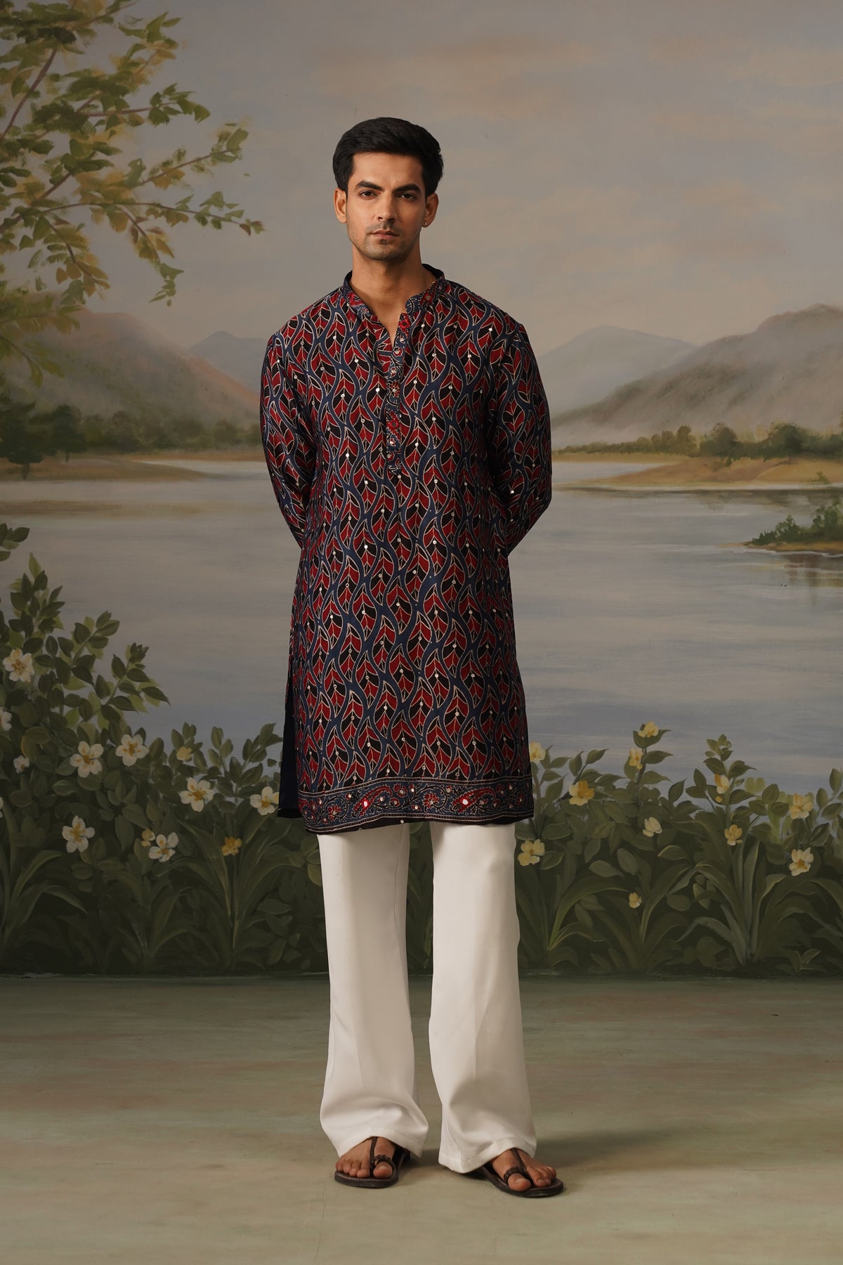 Riwaz Navy Ajrakh Print Handwork Kurta Set