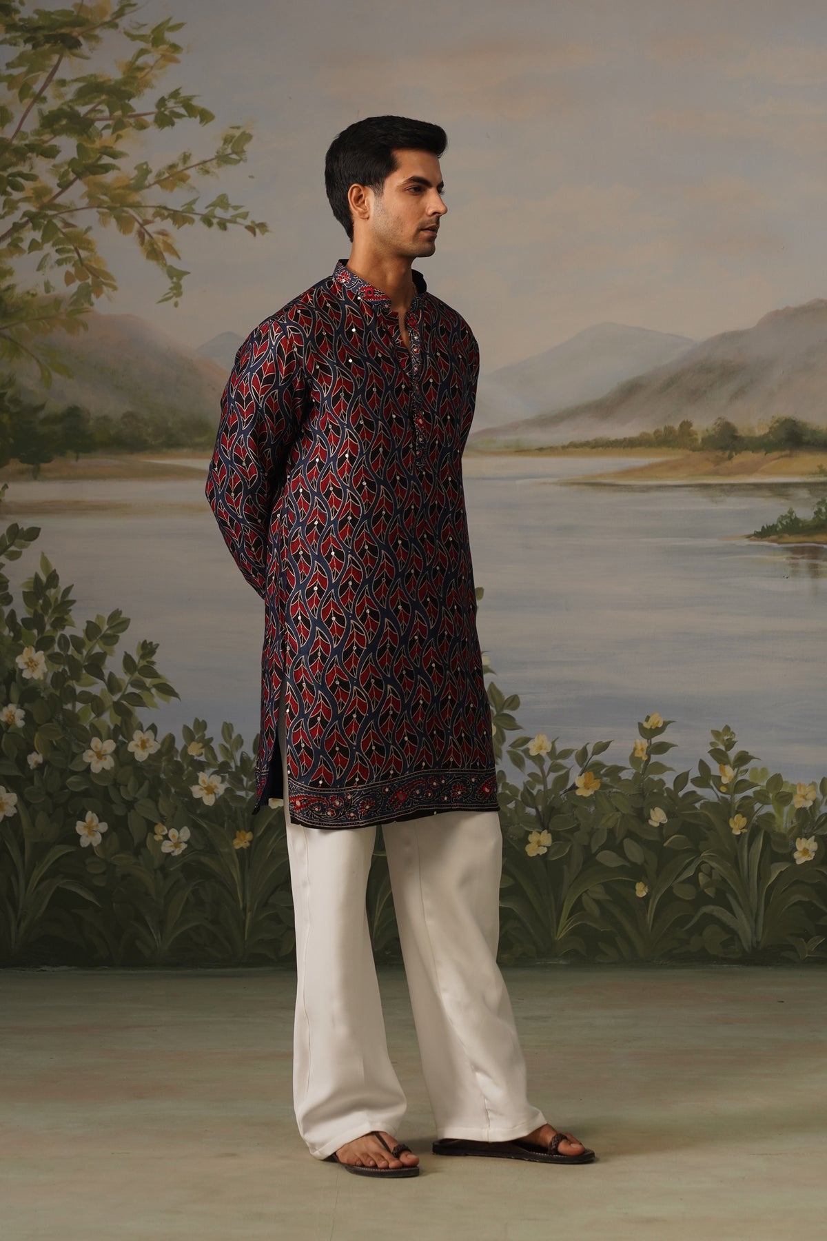 Riwaz Navy Ajrakh Print Handwork Kurta Set