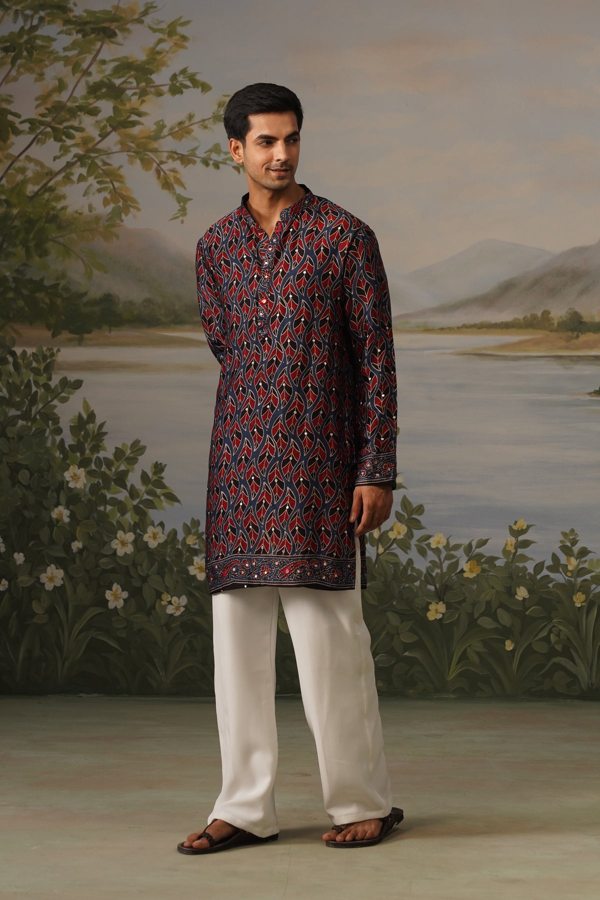 Riwaz Navy Ajrakh Print Handwork Kurta Set